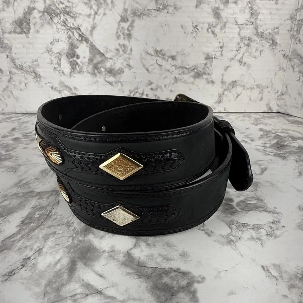 3D Mens Diamond Concho Embroidered Western Black Leather‎ Belt Size 40